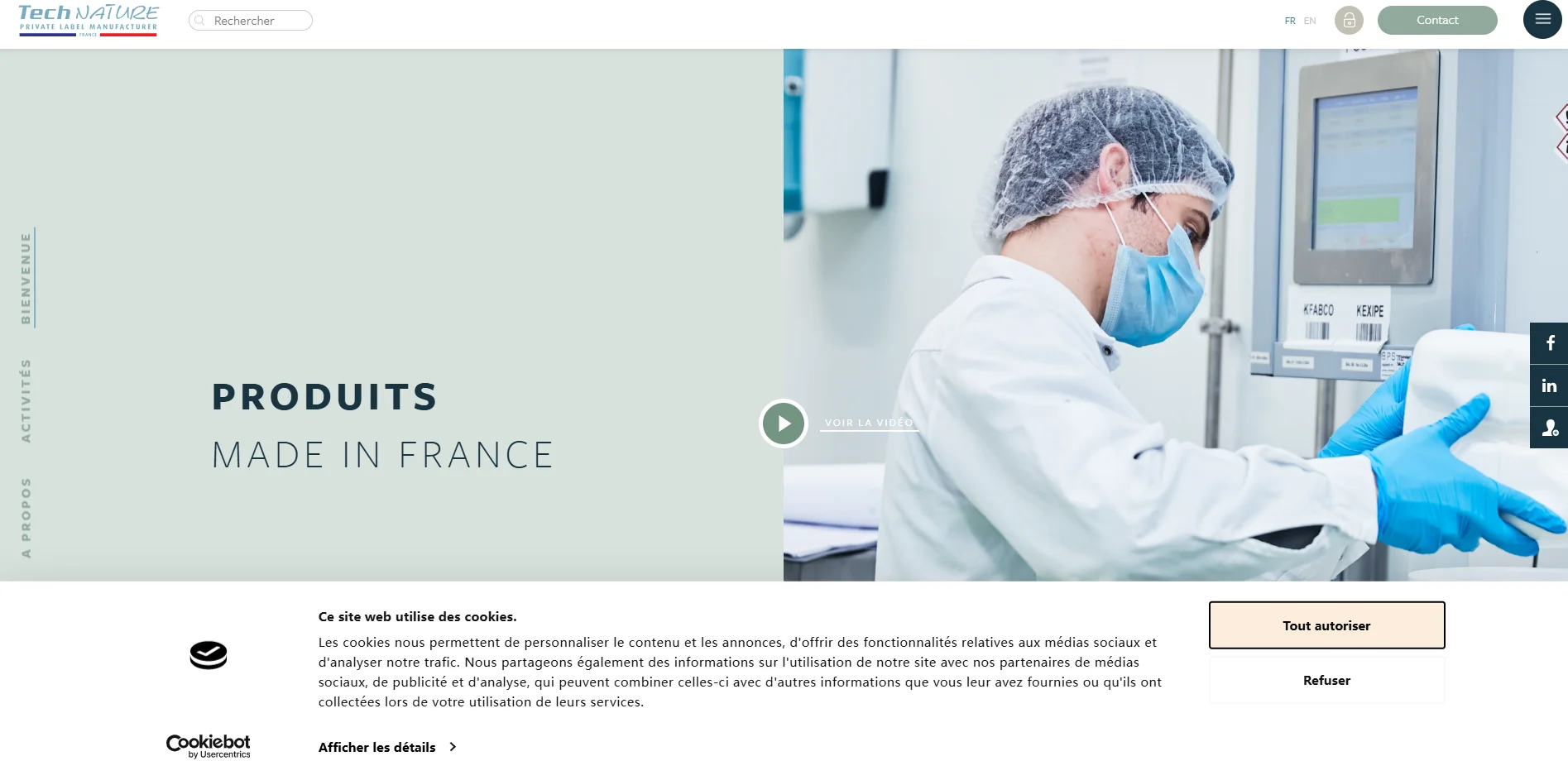 Person wearing protective gear operates machinery in a manufacturing setting, promoting Tech Nature's products made in France.